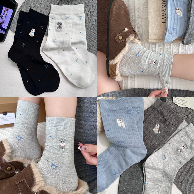女襪|襪子女士小狗刺繡卡通趣味減齡中筒襪棉質吸汗透氣彈力堆堆襪「F2523」25.10-3