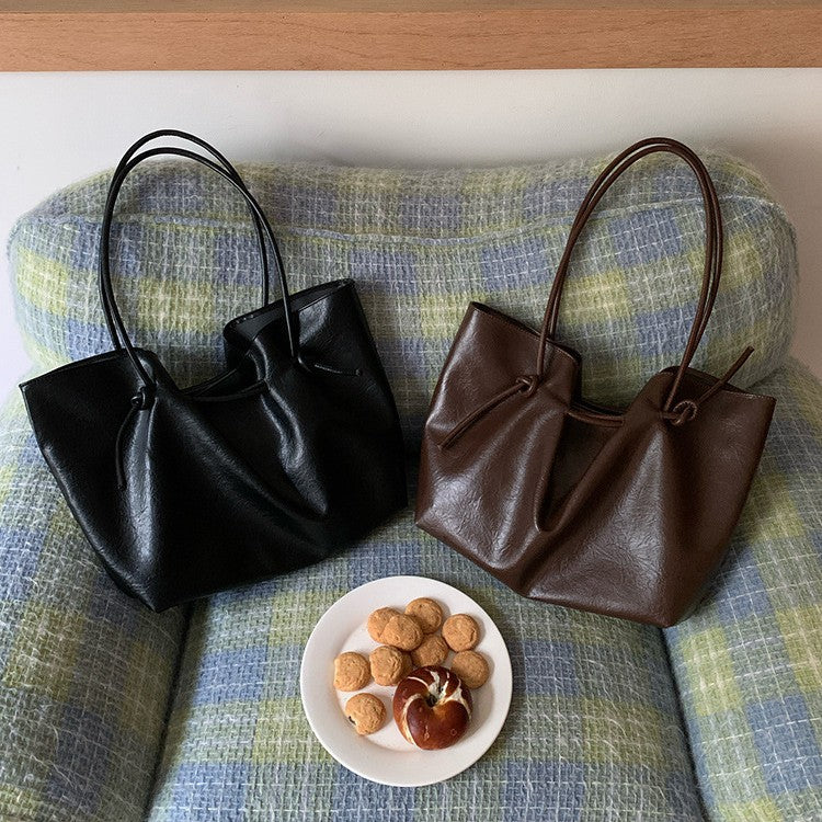 日韓流行|秋冬復古咖色綁帶托特包女士2025簡約大容量通勤單肩包時尚手提包「L9045」25.11-1