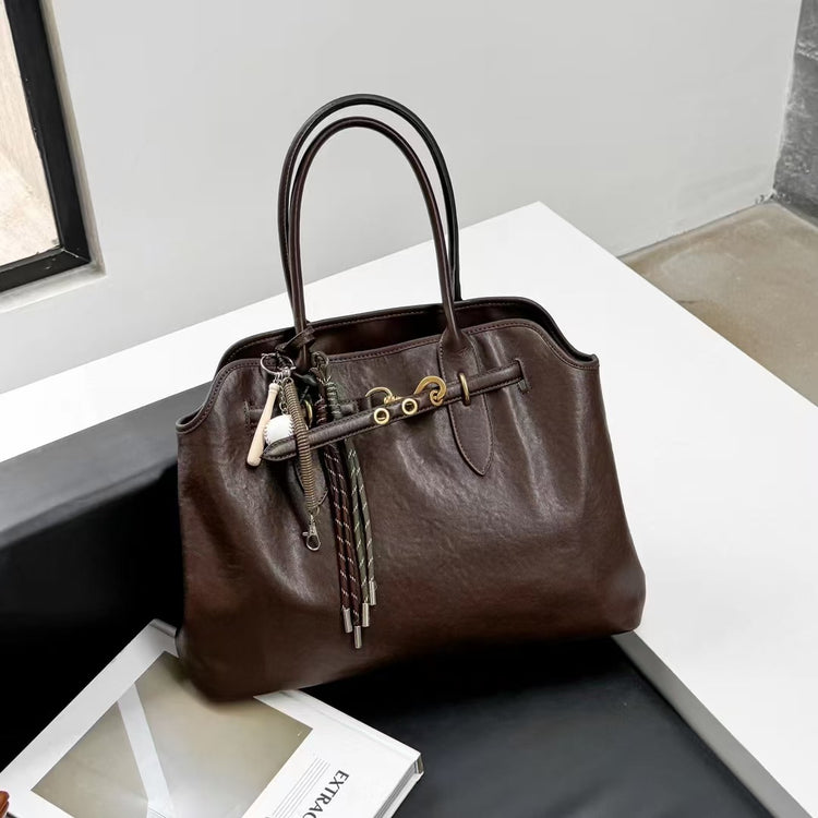 質感真皮|2024新款大容量腋下托特包ins網紅同款小眾復古百搭手提包高級感皮帶扣裝飾大包「8159」24.08-3