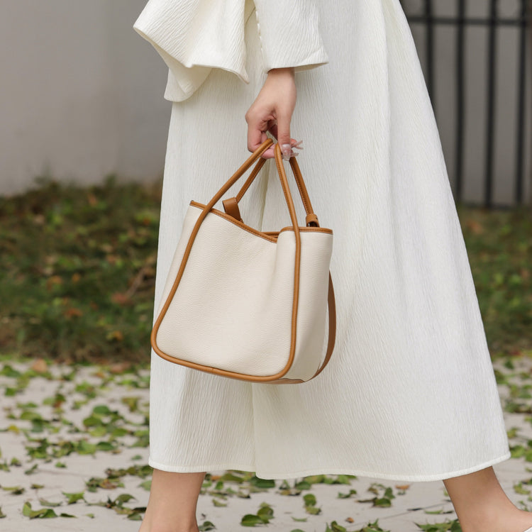 質感真皮|2024新小眾設計頭層牛皮菜籃子大容量通勤手提水桶包女包「6910」24.03-4