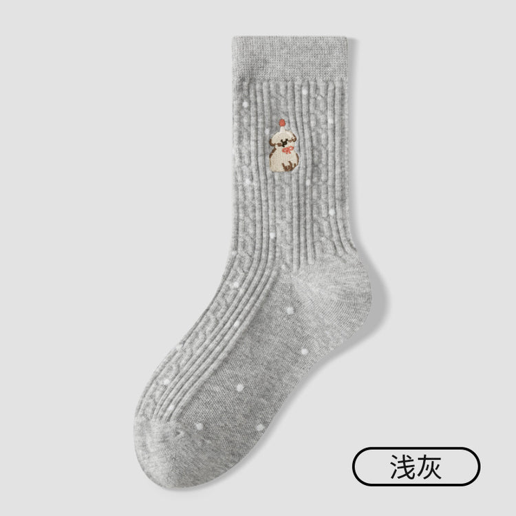 女襪|襪子女士秋冬棉質刺繡可愛小熊堆堆襪彈力無骨吸汗透氣中筒襪「ZX25517」25.10-4