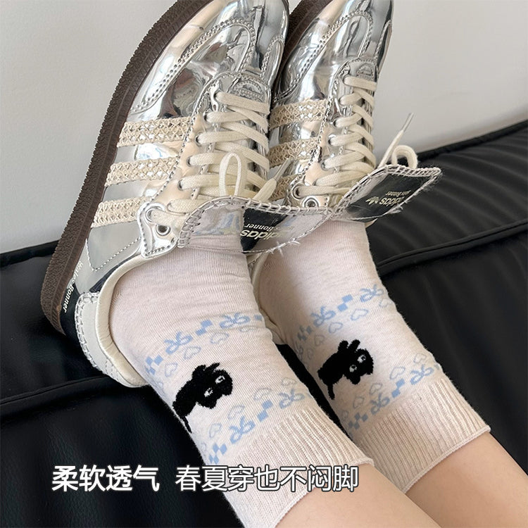 女襪|植絨卡通圖案襪子女春夏季棉質吸濕透氣中筒襪費爾島民族風堆堆襪「MZS8101」25.03-4