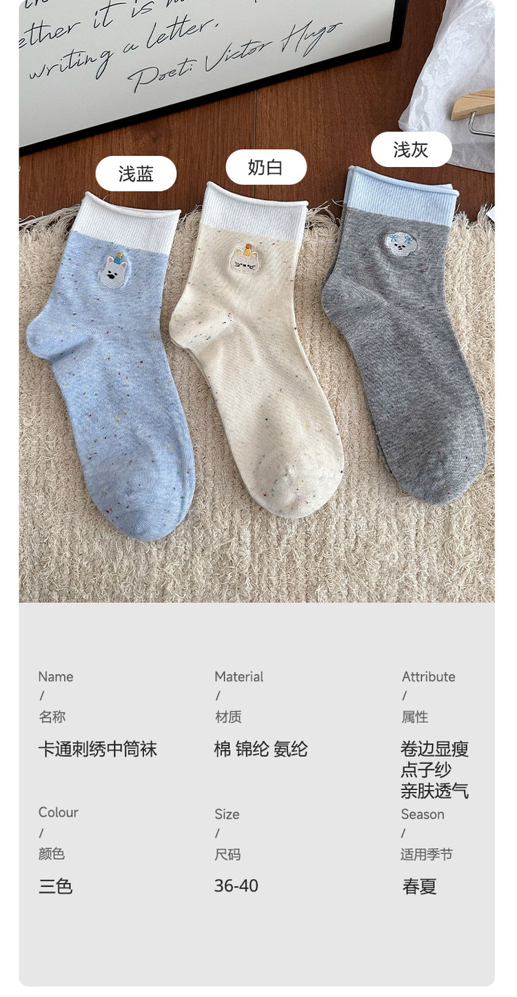 女襪|卷邊襪子女點子紗棉質吸汗透氣堆堆襪卡通動物刺繡彈力好搭中筒襪「W0121」25.03-3