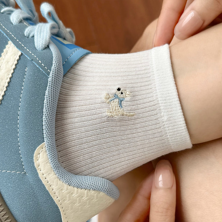 女襪|白色襪子女夏季薄款卡通刺繡小狗彈力短襪棉質吸汗透氣舒適運動襪「FKF2508」25.06-3