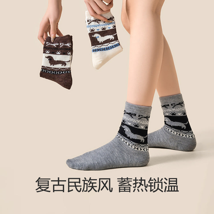 女襪|復古費爾島襪子女彈力軟糯親膚舒適中筒襪加厚保暖居家抗寒羊絨襪「DJ2009」24.12-3