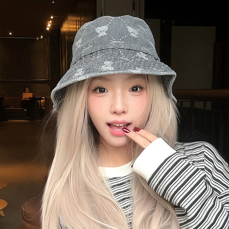 流行帽子|復古水洗牛仔漁夫帽女春夏百搭顯臉小戶外遮陽帽小熊可愛水桶盆帽「C4981」25.02-3