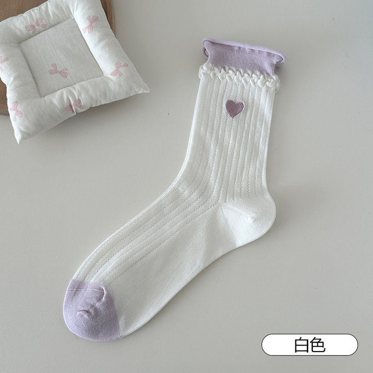女襪|卷邊襪子女撞色雙羅口刺繡愛心中筒襪棉質吸汗透氣ins潮堆堆襪「TM7555」25.04-5