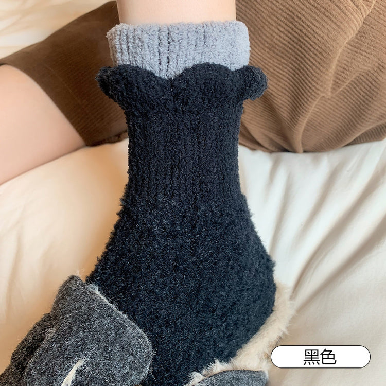 女襪|珊瑚絨襪子女秋冬季美拉德彈力保暖中筒襪加絨加厚居家睡眠地板襪「AD2415」24.11-2