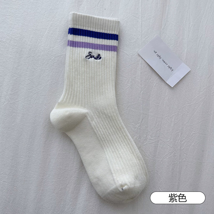 女襪|竪條紋顯瘦襪子女棉質吸汗透氣彈力中筒襪字母刺繡親膚舒適運動襪「MK5001」25.03-4