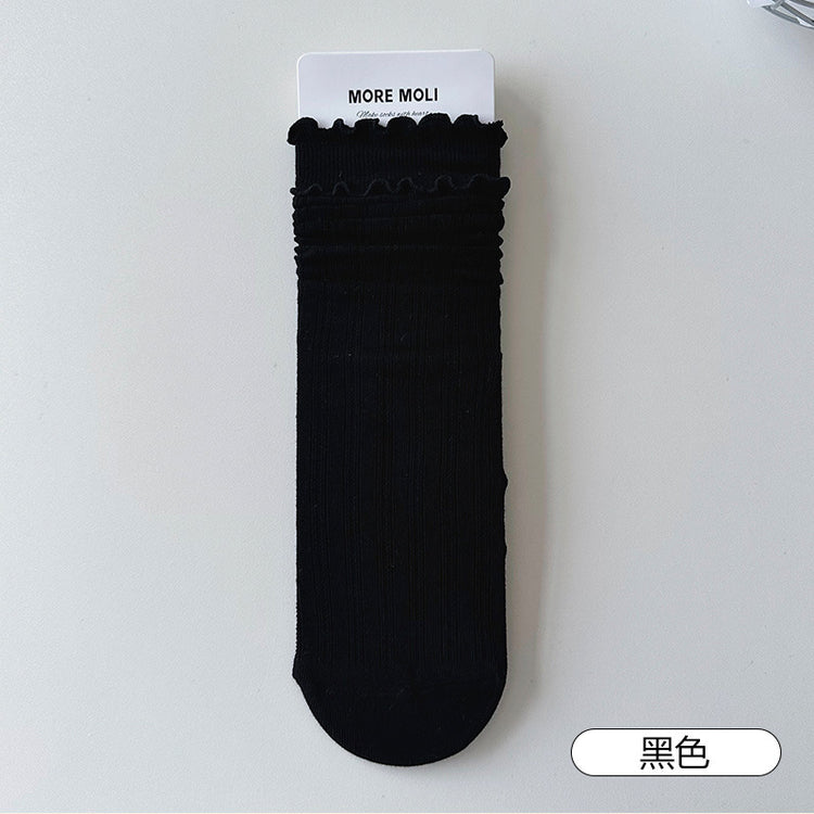女襪|白色雙木耳邊襪子女miu系竪條顯瘦彈力中筒襪棉質吸汗防臭堆堆襪「NY2626」25.07-4