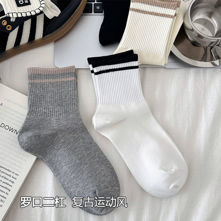 女襪|灰色襪子女竪條顯瘦羅口二槓學院風運動襪棉質親膚舒適彈力中筒襪「FM5090」25.03-1