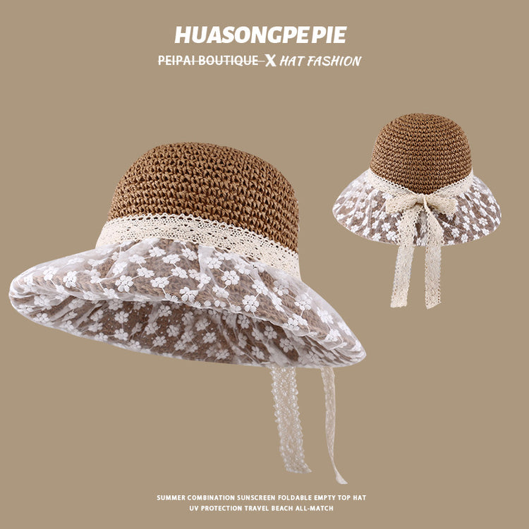 流行帽子|蕾絲系帶草帽夏季女帽子防曬學生戶外遮陽帽綁帶沙灘彩虹太陽帽子「C3929」24.05-2