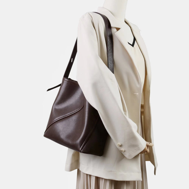 質感真皮|2025新款大容量牛皮拼接質感通勤子母包時尚百搭單肩腋下水桶包女「7056」25.09-3