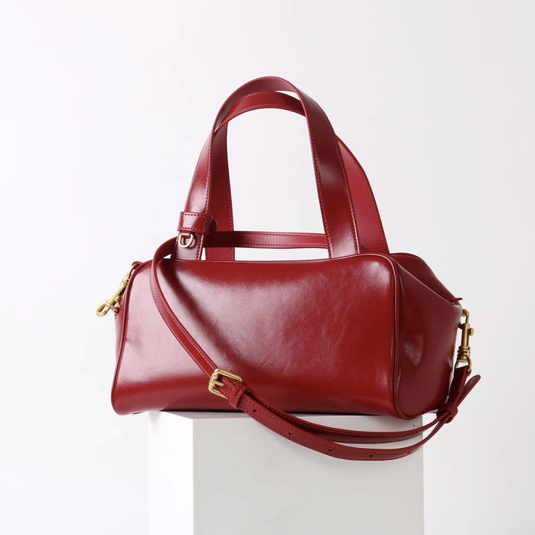 質感真皮|2025新款時尚牛皮手柄保齡球波士頓手提包小眾設計休閒百搭斜背包「8566」25.09-2