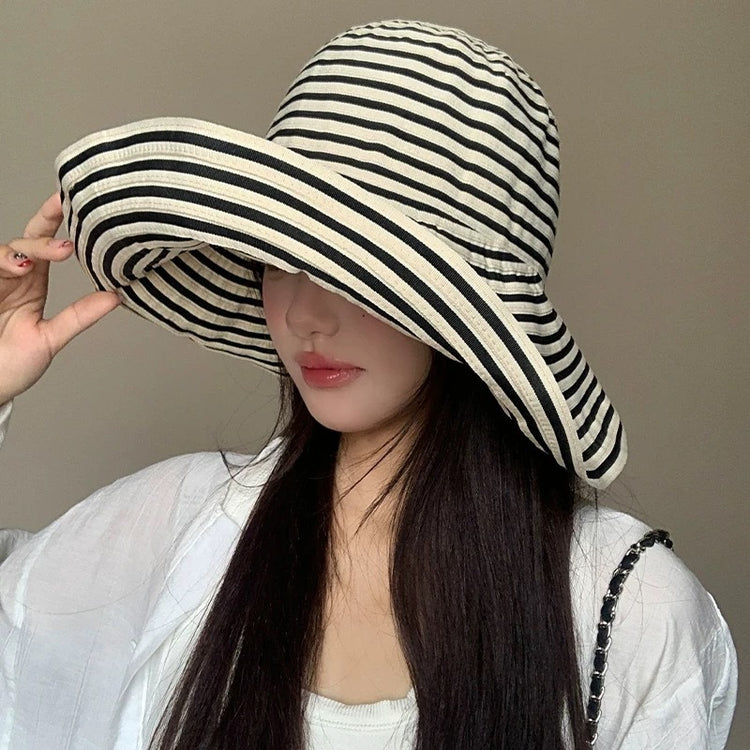 流行帽子|日系可折疊條紋漁夫帽女夏防曬帽子大帽檐戶外遮陽太陽帽防紫外線「C5235」25.04-5