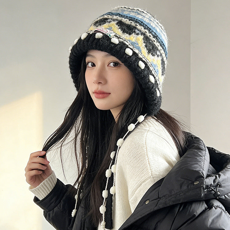 流行帽子|2025新款費爾島針織毛線帽子女秋冬保暖巴拉克拉法帽護耳包頭帽子「C5896」25.12-2