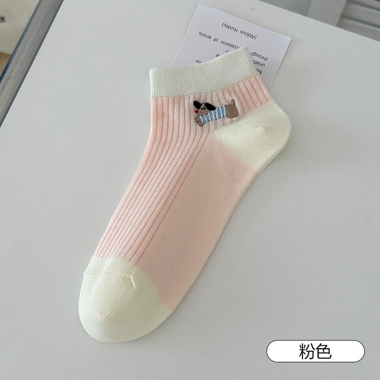 女襪|卡通臘腸狗襪子女棉質吸汗透氣親膚舒適中筒襪竪條顯瘦彈力休閒襪「XHS5020」25.05-1