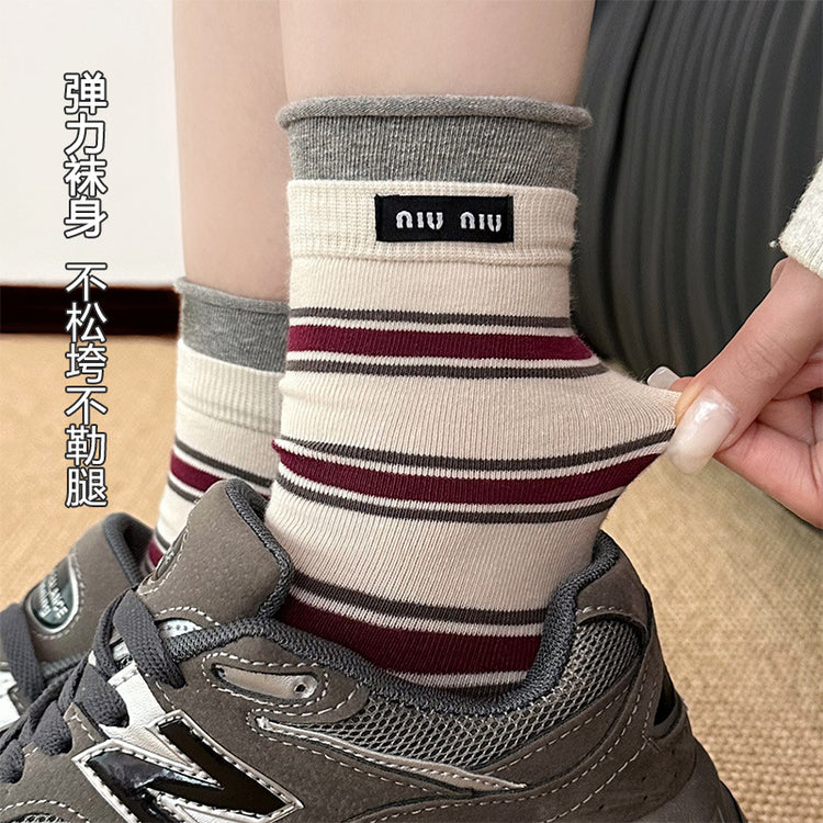 女襪|撞色雙羅口卷邊襪子女春秋季ins潮miu系中筒襪彈力無骨布標堆堆襪「MK5080」25.03-1
