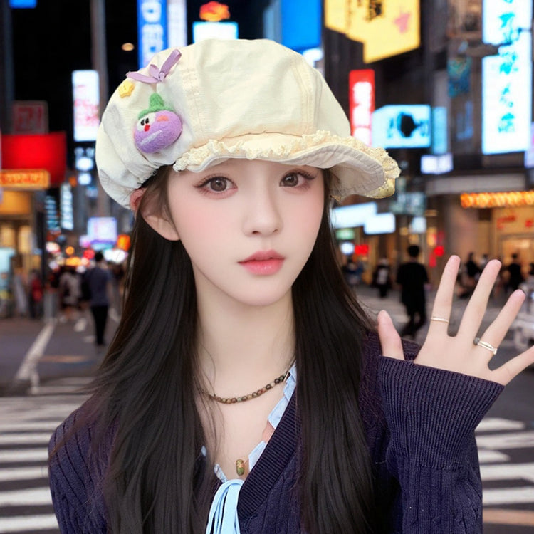 流行帽子|可愛卡通蝴蝶結顯臉小帽子女春夏出遊雲朵帽百搭翻檐蕾絲邊貝雷帽「C5380」25.07-3