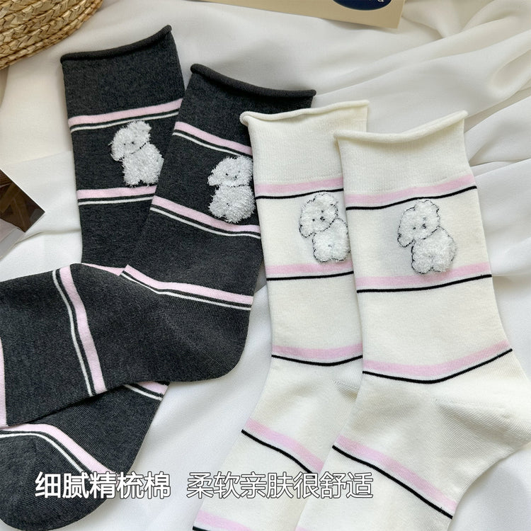 女襪|彈力卷邊襪子女可愛卡通西高地中筒襪撞色條紋吸汗透氣諸暨襪子「WN2513」25.08-4