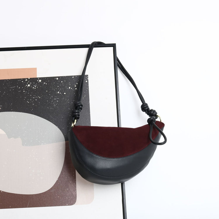 質感真皮|磨砂牛皮拼接羊皮月牙包女包2024新款真皮休閒斜背餃子包百搭單肩「3300-3#」24.10-2