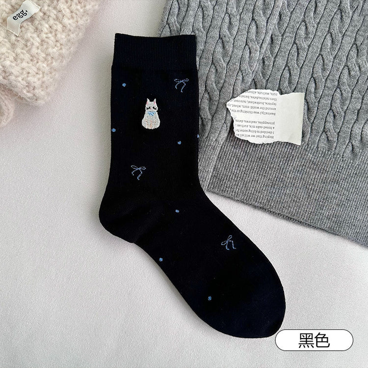 女襪|襪子女士小狗刺繡卡通趣味減齡中筒襪棉質吸汗透氣彈力堆堆襪「F2523」25.10-3