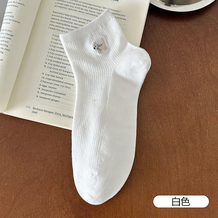 女襪|白色襪子女夏季薄款卡通刺繡小狗彈力短襪棉質吸汗透氣舒適運動襪「FKF2508」25.06-3