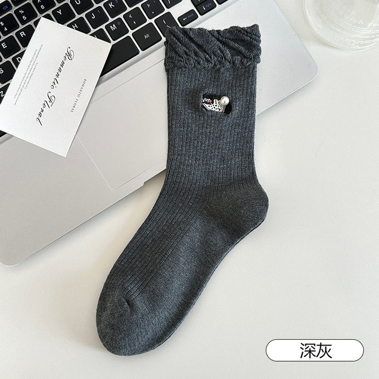 女襪|卡通刺繡襪子女miu系珍珠彈力親膚舒適中筒襪棉質吸汗透氣堆堆襪「XC2332」25.08-3
