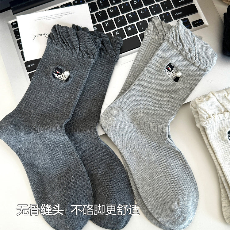 女襪|卡通刺繡襪子女miu系珍珠彈力親膚舒適中筒襪棉質吸汗透氣堆堆襪「XC2332」25.08-3