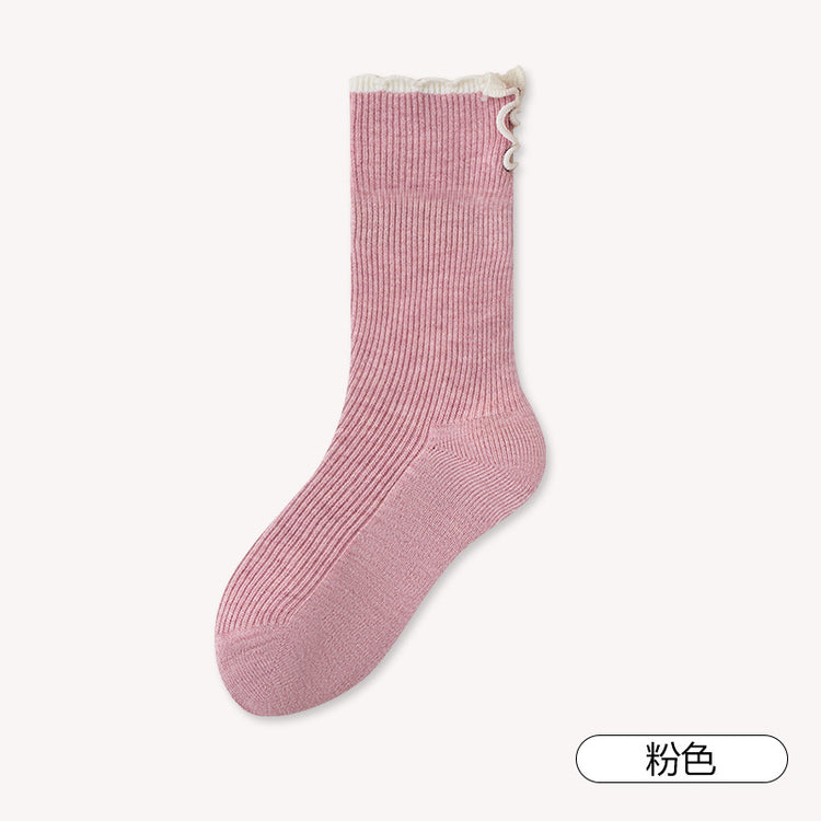 女襪|雙針撞色翻邊襪子女棉質吸汗透氣彈力堆堆襪親膚舒適抗起球中筒襪「AC8842」25.09-2