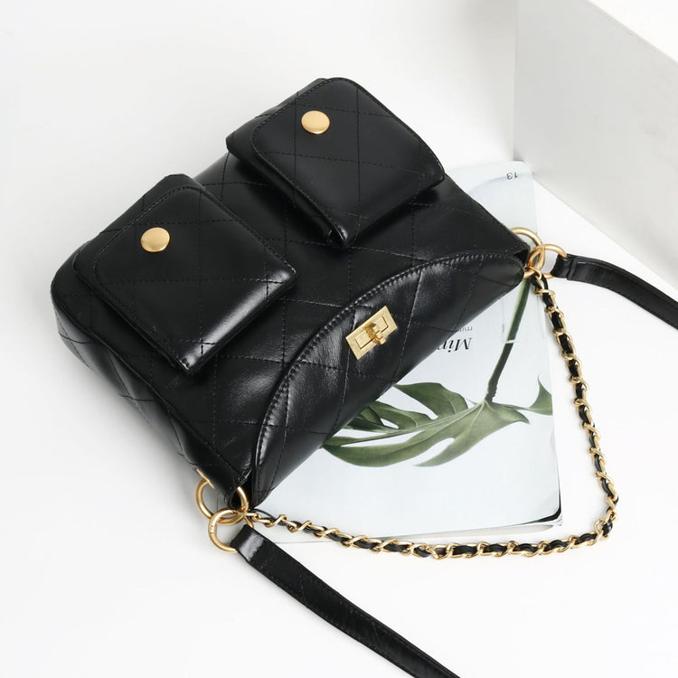 質感真皮|小香風菱格鏈條包頭層牛皮hobo鏈條腋下包郵差包口袋機車時尚百搭「3622」24.08-4