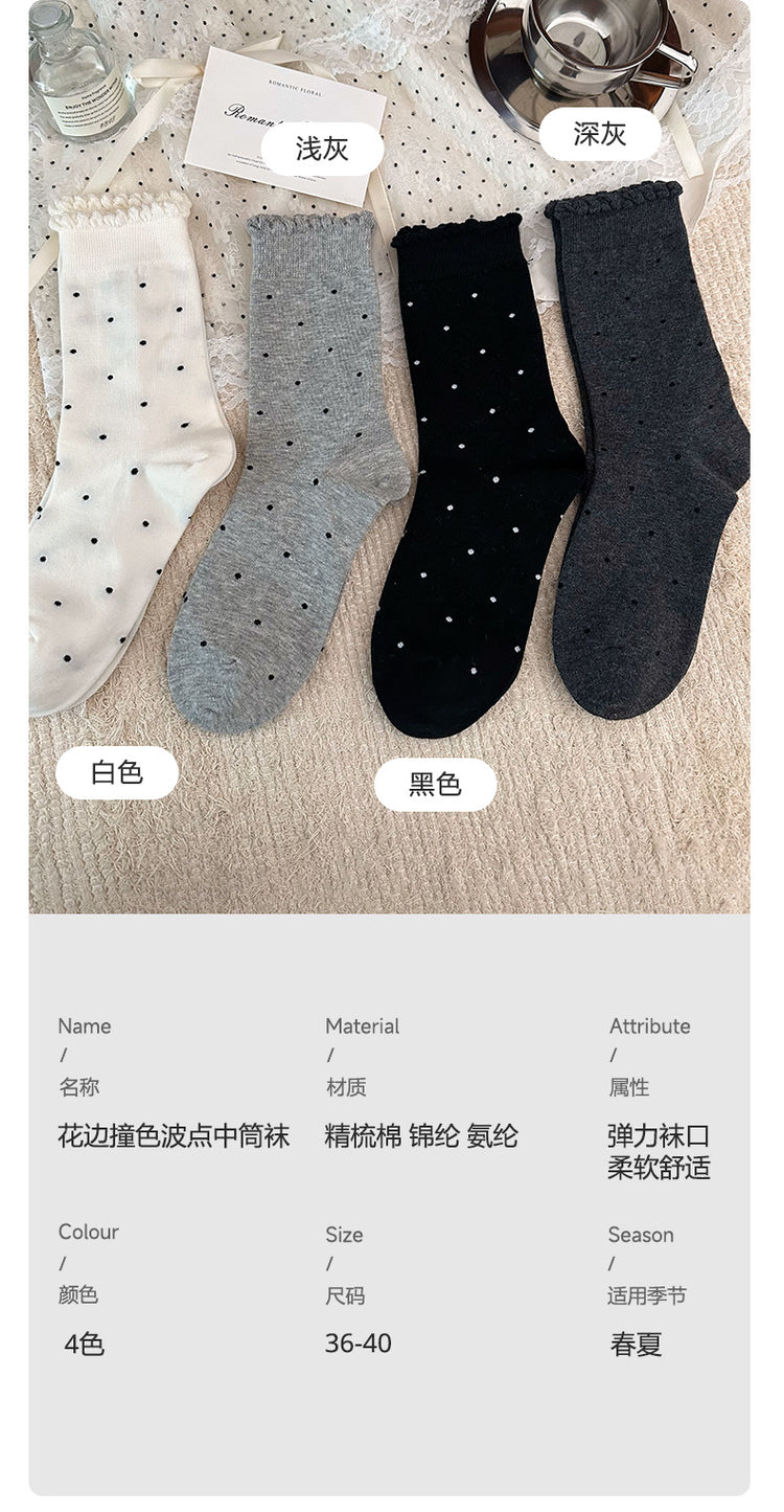 女襪|花邊襪口襪子女復古波點時尚ins潮堆堆襪棉質吸汗透氣彈力中筒襪「S25803」25.02-3