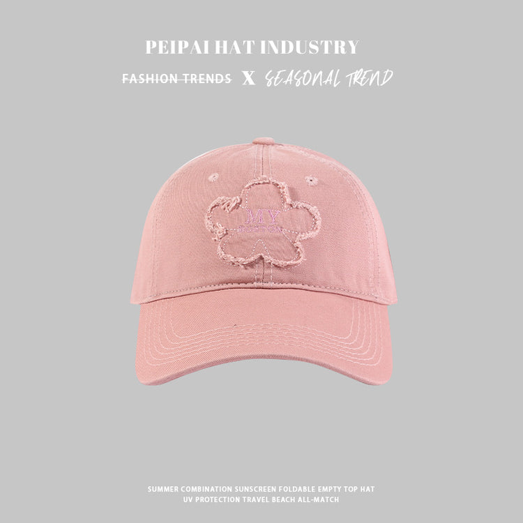 流行帽子|帽子女新款花朵貼布my刺繡棒球帽春秋季休閒百搭寬檐遮臉防曬帽潮「C4422」24.09-2