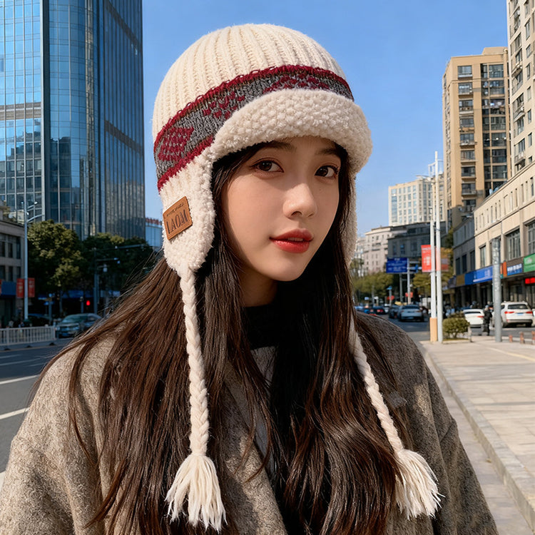 流行帽子|費爾島風毛線帽子女冬季加厚保暖針織帽護耳防寒顯臉小飛行「C5739」25.10-4