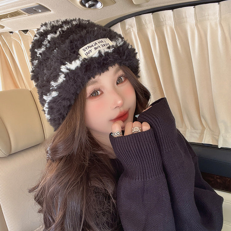 流行帽子|2024新款冬季條紋毛線帽女韓版顯臉小保暖針織帽舒適柔軟騎行套頭「C2823」24.01-4