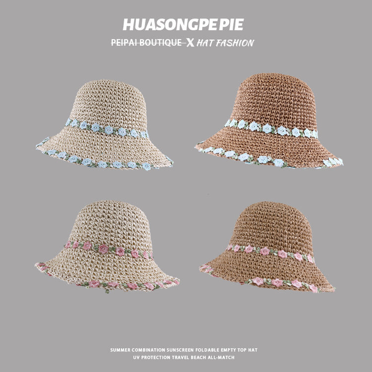 流行帽子|花朵草帽女大帽檐夏季海邊度假沙灘帽顯臉小草編可折疊遮陽防曬帽「C3885」24.04-5