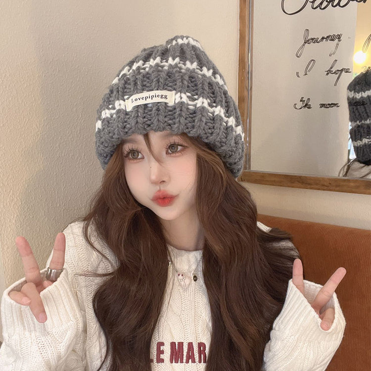 流行帽子|帽子女秋冬毛線帽潮韓版保暖護耳冷帽套頭帽條紋百搭顯臉小針織帽「C3048」24.11-2