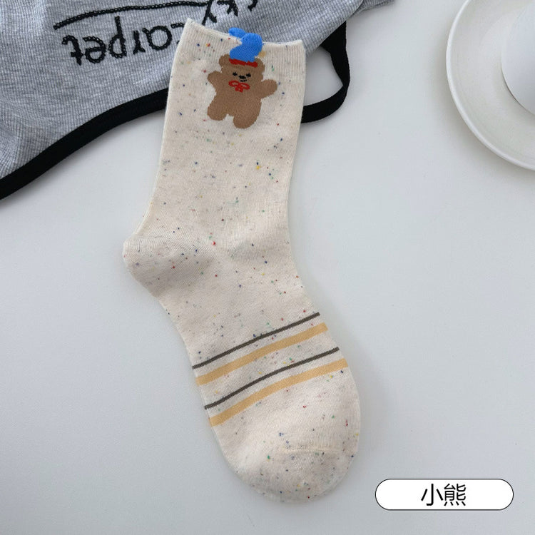 女襪|卡通圖案襪子女棉質親膚舒適彈力中筒襪點子紗吸汗透氣襪子「GO2505」25.06-3