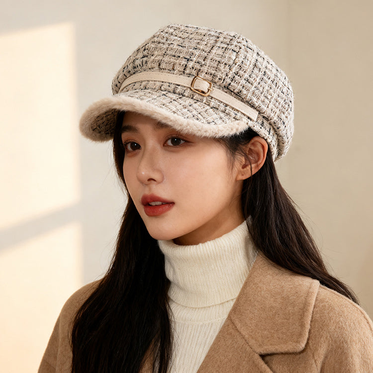 流行帽子|小香風格子毛絨帽子女秋冬保暖顯臉小八角帽大頭圍日系鴨舌貝雷帽「C5840」25.11-3
