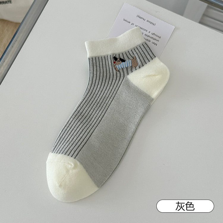 女襪|卡通臘腸狗襪子女棉質吸汗透氣親膚舒適中筒襪竪條顯瘦彈力休閒襪「XHS5020」25.05-1