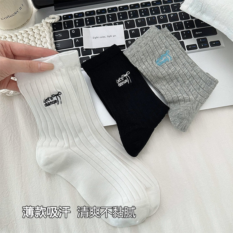 女襪|灰色堆堆襪子女春夏季薄款字母刺繡彈力中筒襪棉質吸汗透氣堆堆襪「W0116」25.03-4