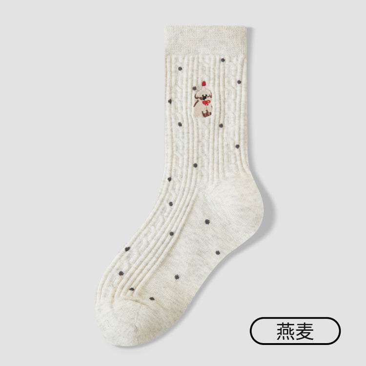 女襪|襪子女士秋冬棉質刺繡可愛小熊堆堆襪彈力無骨吸汗透氣中筒襪「ZX25517」25.10-4