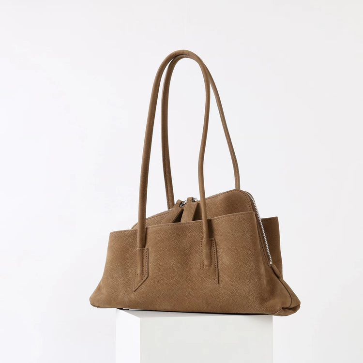 質感真皮|2025新款頭層麂皮不規則斜頂手提托特包磨砂荔枝牛皮腋下包「6163-S」25.10-1