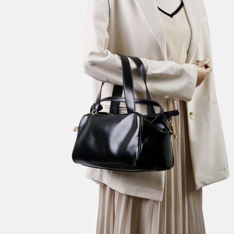 質感真皮|2025新款時尚牛皮手柄保齡球波士頓手提包小眾設計休閒百搭斜背包「8566」25.09-2