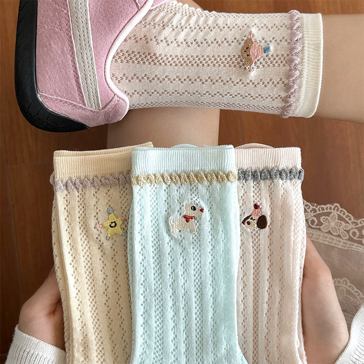 女襪|花邊襪子女夏季薄款鏤空網眼透氣彈力中筒襪卡通動物刺繡堆堆襪「TM7545」25.04-5