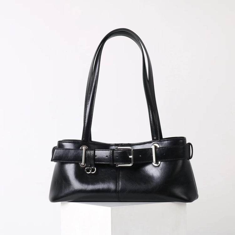 質感真皮|2025新款百搭女輕奢法式高級感機車包法棍包保齡球女單肩腋下包「6147」25.06-4