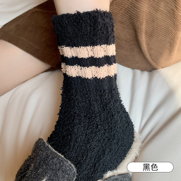 女襪|撞色條紋襪子女蓄熱鎖溫居家地板襪秋冬季加絨加厚保暖珊瑚絨襪「AD2411」24.11-2