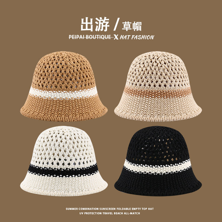 流行帽子|草帽編織女可折疊沙灘帽夏季鏤空透氣水桶帽甜美海邊遮陽帽子批發「C3748」24.03-4