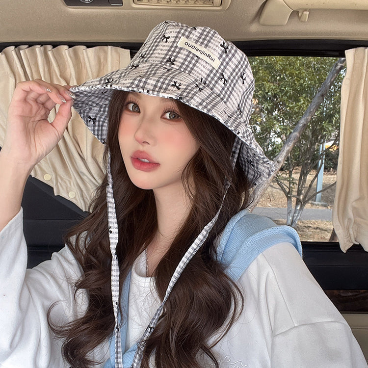 流行帽子|大檐蝴蝶結漁夫帽女夏季百搭系帶顯臉小遮陽帽韓系格子防曬太陽帽「C5055」25.03-1
