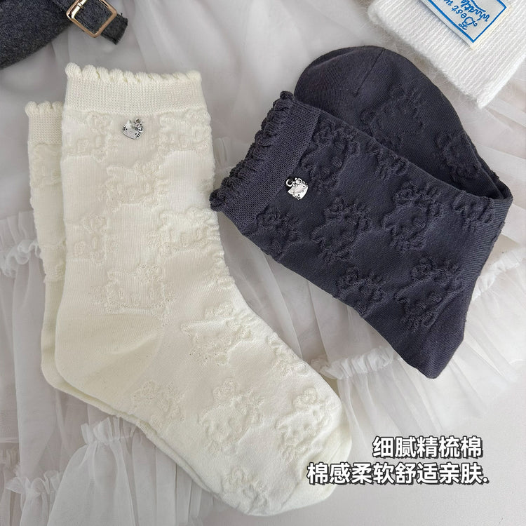 女襪|花邊襪子女暗紋貓咪萌趣好搭彈力中筒襪金屬標吸汗透氣襪子「D2536」25.10-2